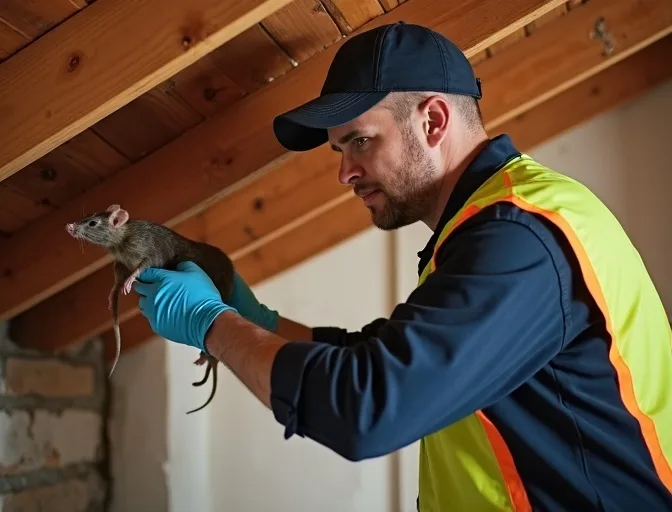 Technician inspecting a roof cavity for a dead rat in Beaumaris